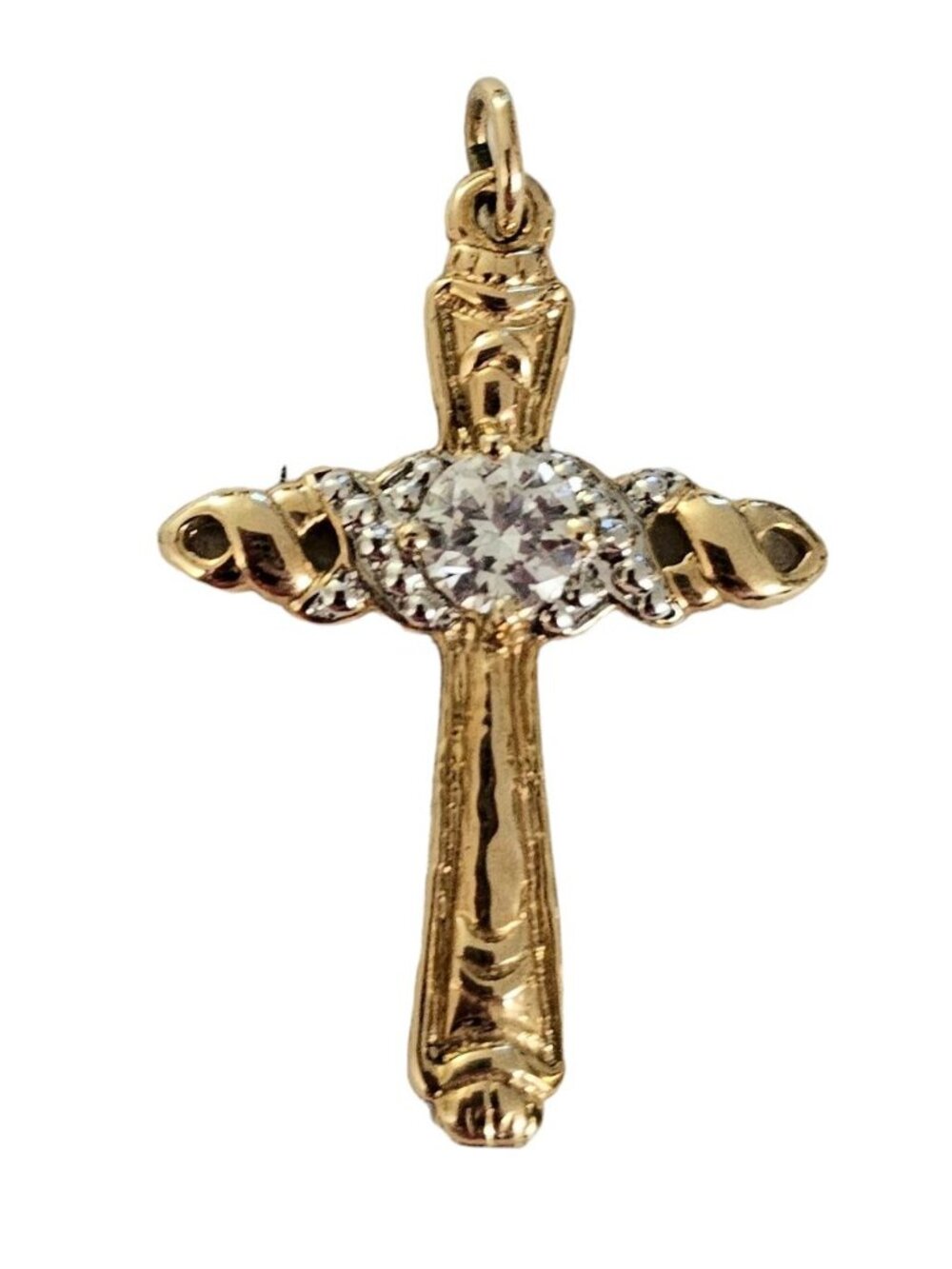 10K Yellow Gold Clear CZ Cubic Zirconia Cross Pendant, L68